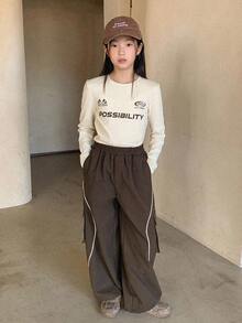 DAZY 2pcs Kids Tween Girls Crew Neck Printed Long Sleeve T-Shirt And Pants Set, Fall Outfit - Apricot - View 2