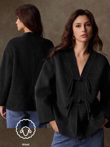 Lilora Mantel Wol Campuran Warna Polos Kasual Wanita dengan Dua Saku, Musim Gugur/Dingin, Gaya Klasik, Bahan Fleece, Cocok untuk Konser, Pakaian Musim Dingin Wanita, Gaya Cina - Hitam - View 4