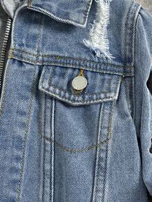 SHEIN 男童复古街头风十字刺绣拼接蓝色牛仔针织连帽夹克，秋冬款，适合日常穿着、街头风、万圣节、圣诞节等场合，保暖百搭。 - 淺色水洗藍 - 查看 6