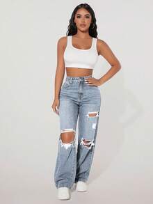 SHEIN PETITE Women's Casual Fashion Street Distressed Loose Straight Leg Jeans - Blue - View 7