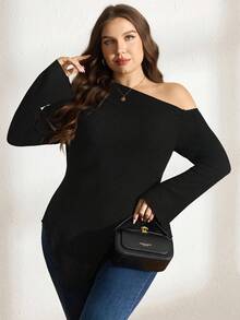 Comfylo 大码女式纯色不对称肩长袖罗纹不对称下摆休闲T恤，适合冬季、秋季和冬季圣诞节、新年、感恩节派对等场合穿着。 - 黑色 - 查看 7