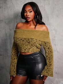 SHEIN SXY Plus Size Women Sexy Casual Off Shoulder Turndown Collar Leopard Patchwork Short Pullover Sweater, Autumn/Winter - Multicolor - View 4