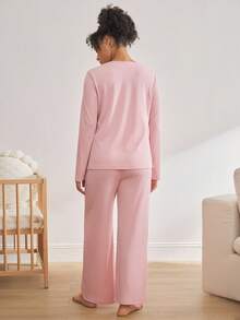 Conjunto de pijama de maternidad de cuello redondo de manga larga y pantalones de moda para el invierno - Blanco - Ver 2
