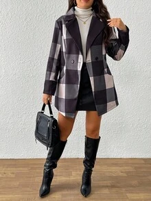 EMERY ROSE Plus Size Women Elegant Plaid Long Sleeve Jacket, Suitable For Commuting - Navy Blue - View 3