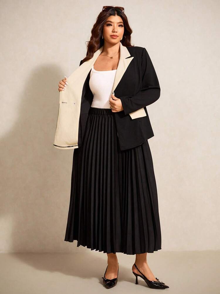 Elaquor Plus Size Elegant Commuter Color Block Patchwork Jacket & Pleated Skirt Suit Autumn Winter Clothes For Women - Black - View 7