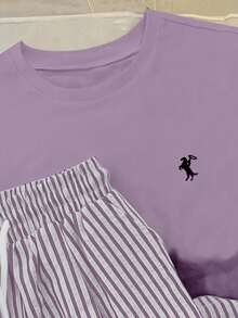 INAWLY 圆领刺绣短袖上衣+条纹印花裤套装，欧美风 - 紫色 - 查看 3