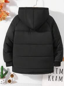 Casaco acolchoado casual de comprimento médio para meninos, com capuz e remendos, grosso para outono/inverno - Preto - Ver 2
