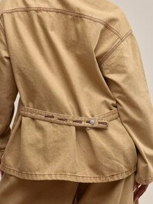 MUSERA Plus Size Washed Button Through Denim Jacket , Winter, Everyday, Cute, Casual, Cosy - Yellow - View 2