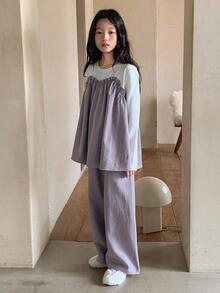 DAZY 2 件 Tween Girl 秋季服装 - 长袖 T 恤 + 裤子套装 - 紫色 - 查看 3