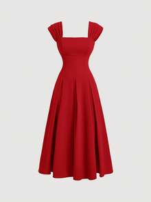 青少年女孩优雅无袖宽肩带褶饰喇叭长红色连衣裙、圣诞连衣裙、新年连衣裙、派对连衣裙、女孩正式连衣裙 - 紅色 - 查看 2