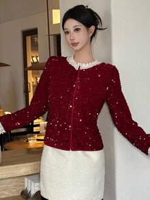 DAZY Damen elegante Kontrast-Farbige Pailletten Patchwork Bluse, Herbst Weihnachten Langarm Top Karneval - Bordeaux - Übersicht 3