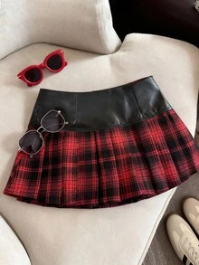 Christmas Red And Black Retro Plaid Star Rivet Leather Splicing Half-Length Women's College Style Miniskirt - Multicolor - View 2