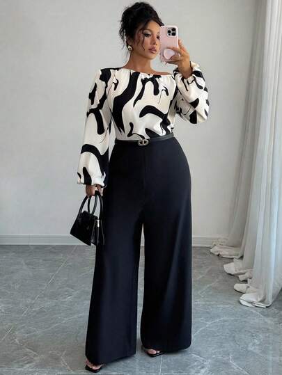 Elenzga Combinaison femme à jambes larges avec patchwork imprimé à la taille, silhouette élégante pour les déplacements quotidiens et un port polyvalent