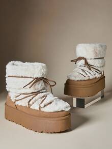 Solezae 女士休闲舒适毛茸茸厚底冬靴 - 駝色 - 查看 6