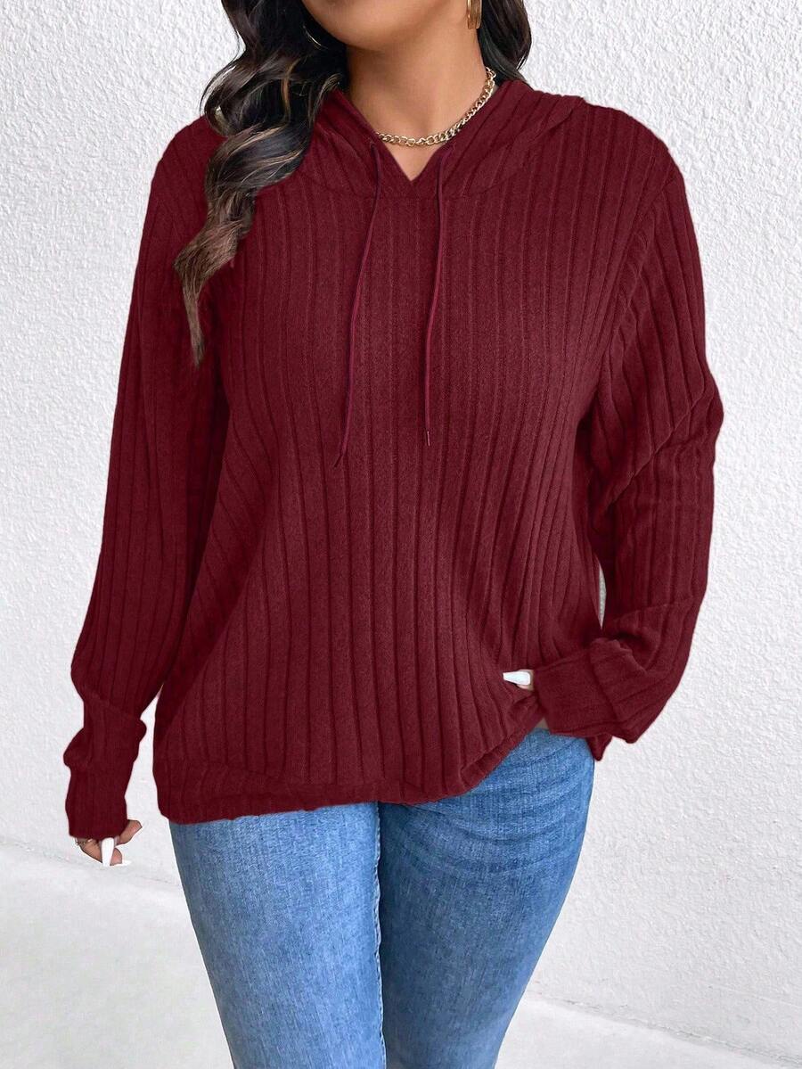 SHEIN CURVE+ Plus Size Casual Solid Color Long Sleeve Drawstring Sweatshirt, Autumn - Burgundy - View 1