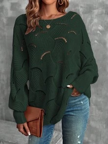 EMERY ROSE Women's Casual Asymmetric Hem Loose Knit Sweater, Autumn/Winter - Dark Green - View 7