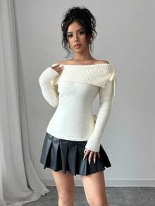 SHEIN PETITE 女款優雅甜美蝴蝶結露肩純色修身套頭毛衣，聖誕節、新年、感恩節禮物，適合嬌小女性 - 白色 - 查看 3