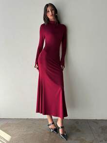 Aloruh Women's Autumn/Winter New Backless High Neck Flare Sleeve Bodycon Fishtail Dress - Burgundy - View 2
