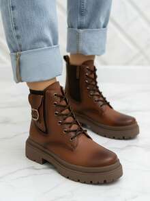 Botas para mujer, bolsillo decorativo, plataforma gruesa, punta redonda con agujetas y cierre lateral, estilo vintage urbano para diario - Café integral - Ver 2