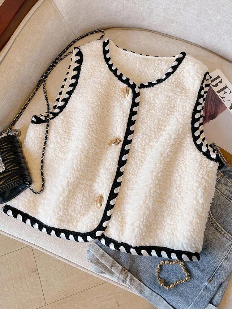 SHEIN Frenchy Veste sans manches en polaire à simple boutonnage en métal pour femmes, pour l'automne/l'hiver