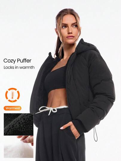 GLOWMODE Jaqueta curta acolchoada, macia e sedosa, quente, com cordão ajustável, capuz, forro de lã, outono inverno, uso casual diário