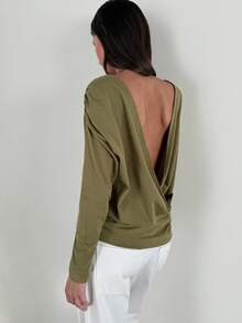 Aloruh Camiseta de manga larga holgada con cuello drapeado y espalda descubierta para mujer, nueva para otoño/invierno - Verde Oliva - Ver 8