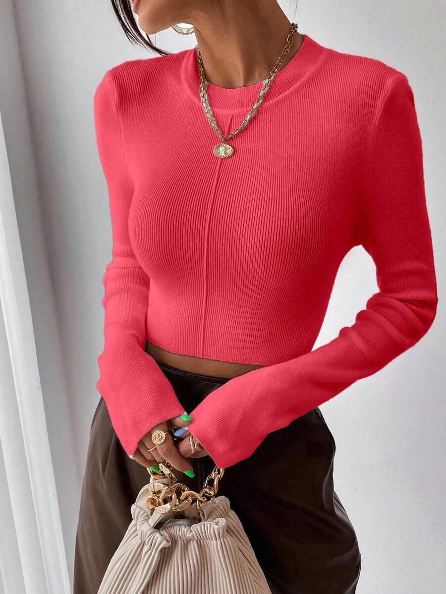 EMERY ROSE Y2K Casual Commute Comfortable Travel Holiday Fitted Cropped Sweater, Christmas - Watermelon Pink - View 1