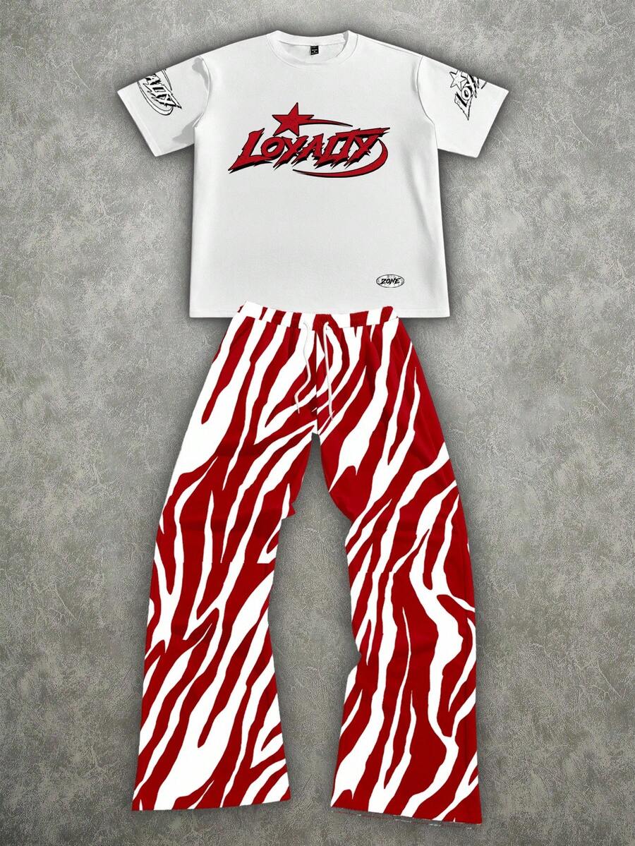 Manfinity ZONE917 Oversized Red & White Camouflage Distressed Star Gothic Slogan T-Shirt Set