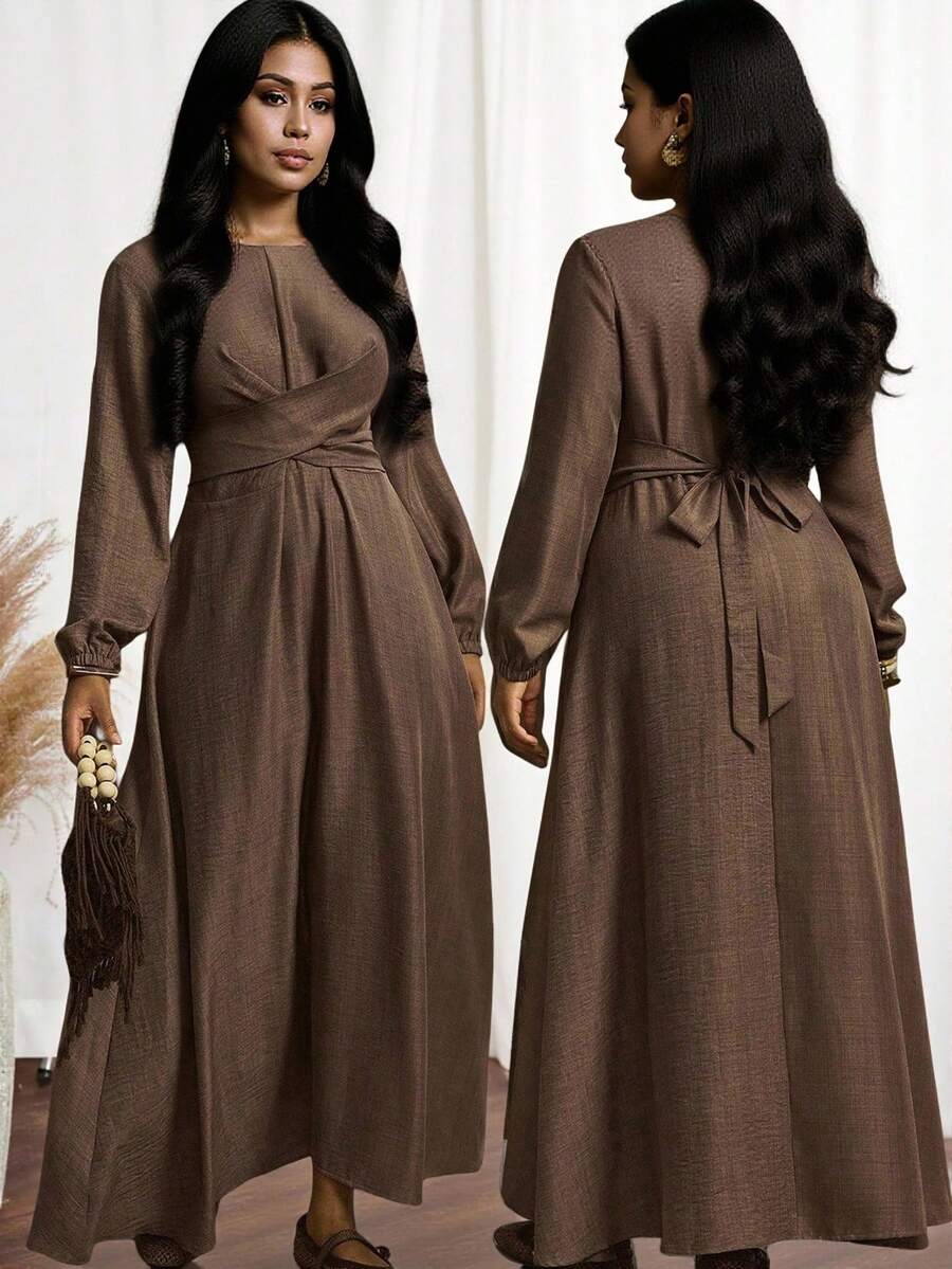 EMERY ROSE Plus Size Women Solid Color Round Neck Criss-Cross Waist Tie + Bowknot Back Elegant Vintage Daily Dress, Autumn/Winter - Khaki - View 1