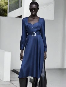 Lumivelle Denim Blue Metal Button Decor Long Sleeve Midi Dress - Royal Blue - View 7