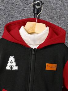 SHEIN 幼儿男童休闲拼色加厚连帽夹克，适合上学、花园、生日、秋季、冬季、万圣节、复古 - 酒紅色 - 查看 5