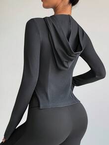 Gameset SHEIN Sport 女式连帽运动衫，侧开衩，修身款运动套头长袖 - 灰色 - 查看 2