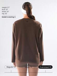 GLOWMODE Pima Cotton Ready Or Knot Soft Breathable Lightweight Front Twist Asymmetric Hem Oversized Crewneck Long Sleeve Gym Studio  Daily Casual Spring Summer - Chocolate Brown - View 2