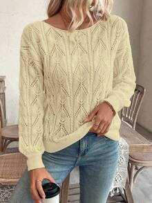 EMERY ROSE Suéter holgado con escote descubierto, estampado floral hueco, estilo casual de vacaciones