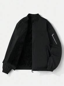 Manfinity Homme Jaket Bomber Pria Kasual Sehari-hari, Minimalis, Warna Polos, Resleting, Lengan Panjang, Lapisan Termal, Musim Gugur/Dingin - Hitam - View 7