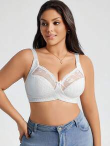 1pc Plus Size Wireless Mesh Embroidery Patchwork Bra, Lift - White - View 6