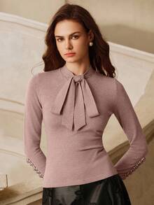 Anewsta Women's Christmas, Elegant Bowknot Embellished Rhinestone 3D Flower Sweater, Christmas Pullover, Suitable For Autumn/Winter, Thanksgiving - Dusty Pink - View 5