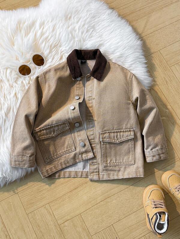 SHEIN Chaqueta holgada de manga larga con solapa de denim caqui para niño