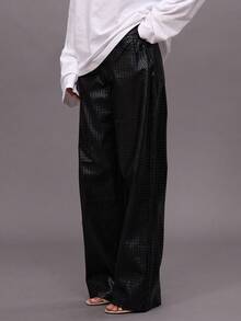 MUSERA Woven Embossed Faux Leather Wide Leg Trousers   Winter Night Out Going Out Streetwear Cute Sexy  Elegant Holiday - Black - View 3