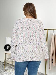 SHEIN CURVE+ Áo len chui đầu cổ chữ V nhiều màu sắc họa tiết lông xù cỡ lớn dành cho nữ, mùa thu/đông - trắng - Xem 2