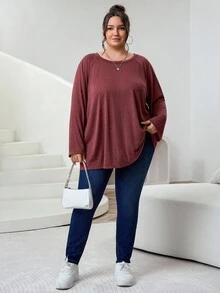 SHEIN CURVE+ Plus Size Women's Plus Size Round Neck Long Sleeved Casual Loose, Soft And Charming Winter Red T-Shirt, New Year's And Valentine's Day Christmas Plus Size Christmas Burgundy