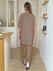 Easowa 圆领纯色短袖宽松休闲T恤和蕾丝连衣裙，外出通勤时尚 - 卡其色 - 查看 2