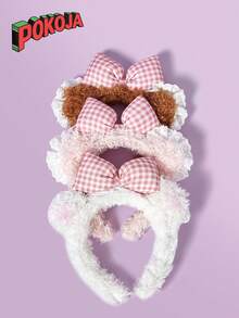 1pc Lace Bear Adorable Milk Puff Bear Ears & Pink Bow Plush Headband - Soft Polyester Lace Cartoon Hair Hoop For All Hair Types, Perfect For Face Washing & Styling, Teddy Bear Plush - Multicolor - View 3