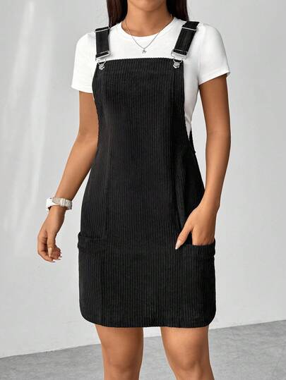 SHEIN PETITE 1件装 女士小号灯芯绒无袖黑色弹力修身休闲通勤背带连衣裙，简约休闲学校假期