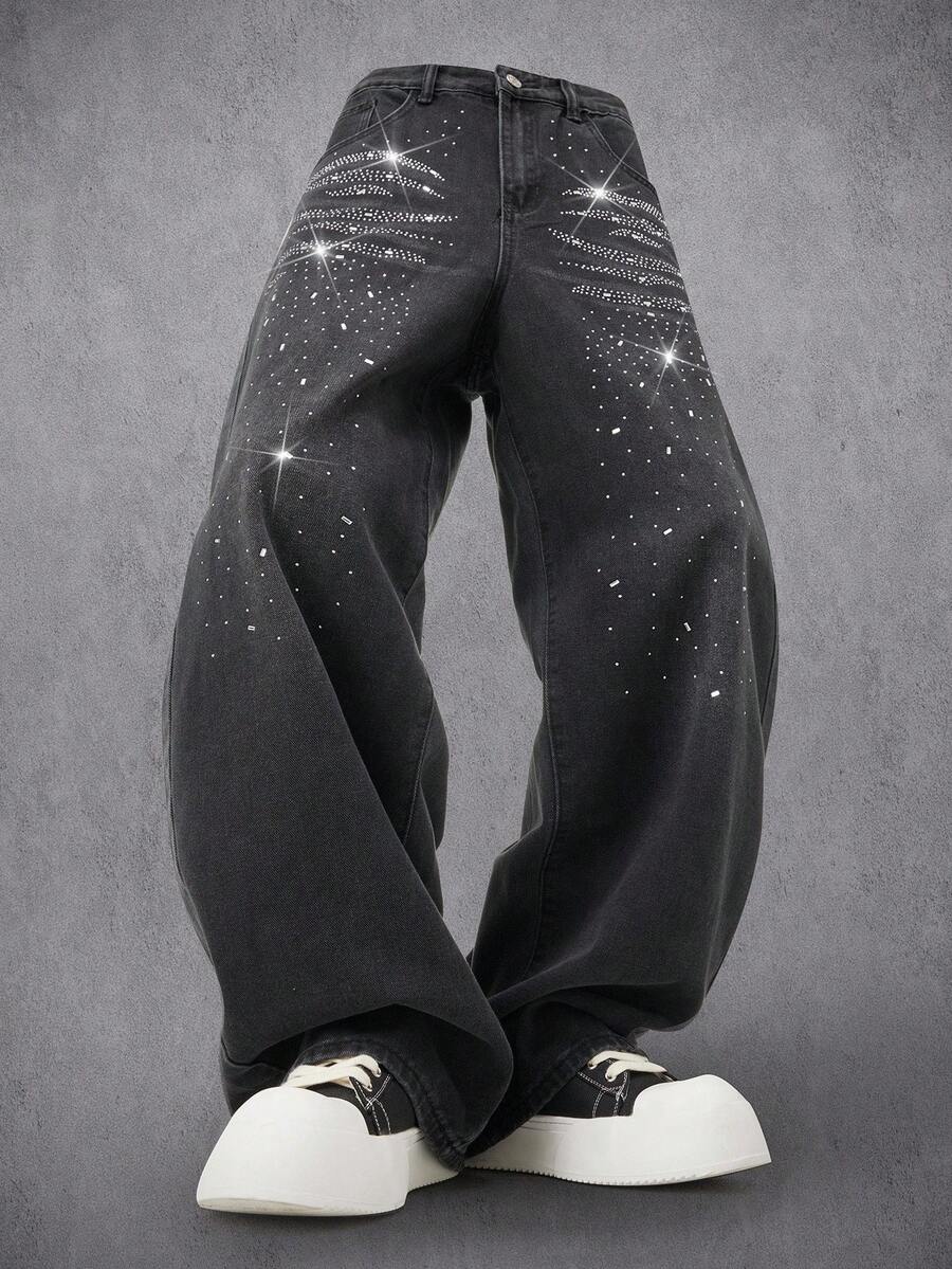 Manfinity Denimwave Premium Quality Black Rhinestone Embellished Wide Leg Jeans Baggy Washed Black Party Street Diamond Starlight Denim For Y2K - Black - View 1