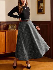 Vintamour 复古优雅女士半身裙，带口袋和格子腰带，休闲度假裙，秋冬圣诞灰色半身裙，婚礼宾客裙 - 灰色 - 查看 7