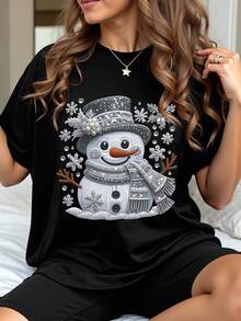 EMERY ROSE 大码圣诞T恤，大码街头图案短袖T恤，可爱休闲上衣 - 黑色 - 查看 4