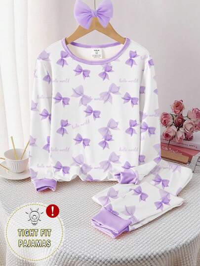 Tween Girls Pajamas Set, Purple Bow & English Print, Contrast Collar & Cuffs, Crew Neck, Long Sleeve Top And Pants, Snug Fit, Recommended To Size Up 1 Set Snug Fit
