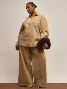 MUSERA Plus Size Washed Button Through Denim Jacket , Winter, Everyday, Cute, Casual, Cosy - Yellow - View 5