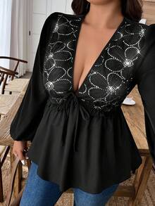 EMERY ROSE Plus Size Women's V-Neck Sequin Patchwork Ruffle Hem Bow Tie Blouse, Autumn/Winter - Black - View 3